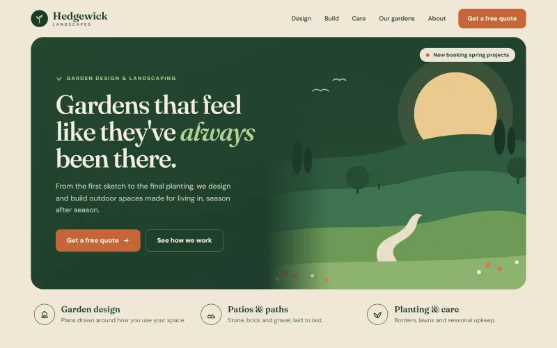 Homepage of the Hedgewick Landscapes website: a sand and forest-green page with the headline “Gardens that feel like they've always been there.” beside an illustrated garden