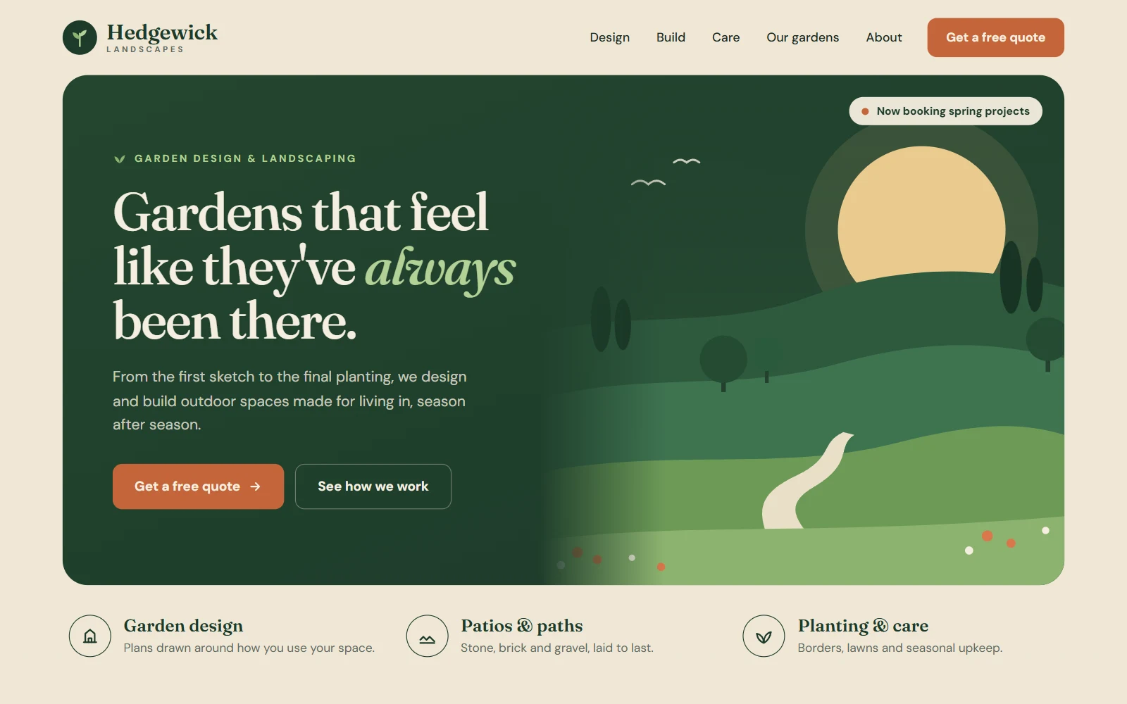 Homepage of the Hedgewick Landscapes website: a sand and forest-green page with the headline “Gardens that feel like they've always been there.” beside an illustrated garden