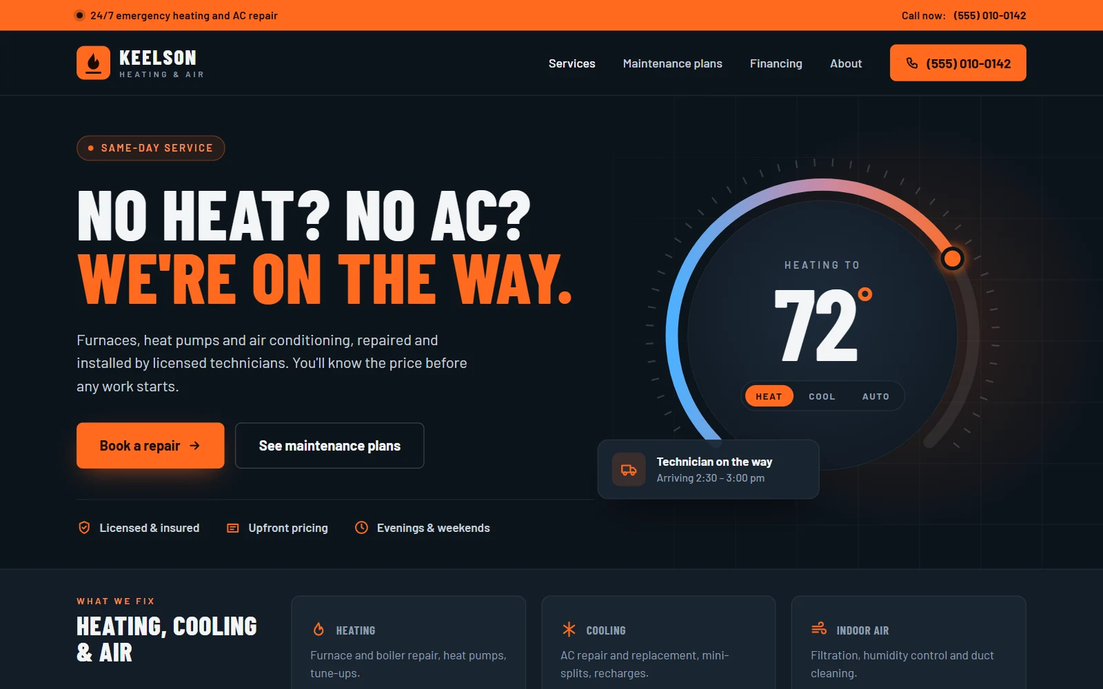 Homepage of the Keelson Heating & Air website: a dark page with an orange call button, the headline “No heat? No AC? We're on the way.”, a thermostat dial and a “technician on the way” card