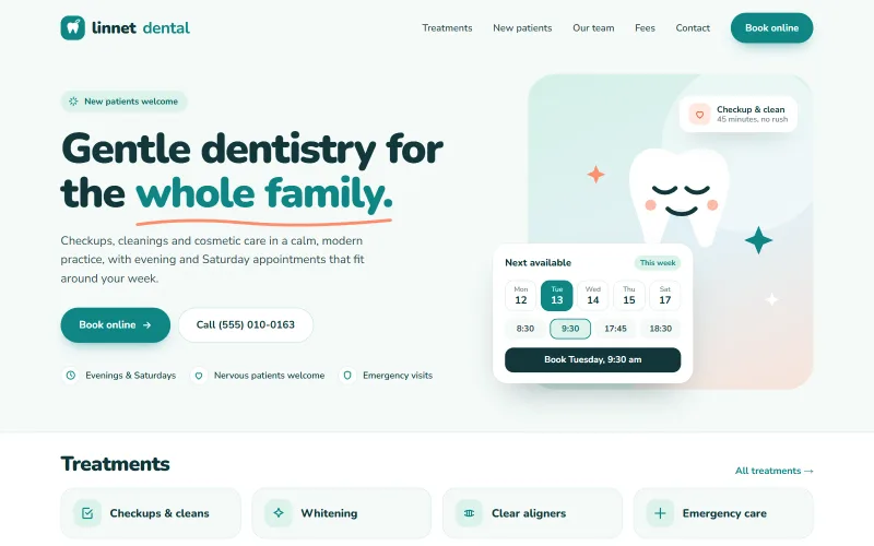 Homepage of the Linnet Dental website: a light teal and mint page with the headline “Gentle dentistry for the whole family.” and a booking card showing the next available times