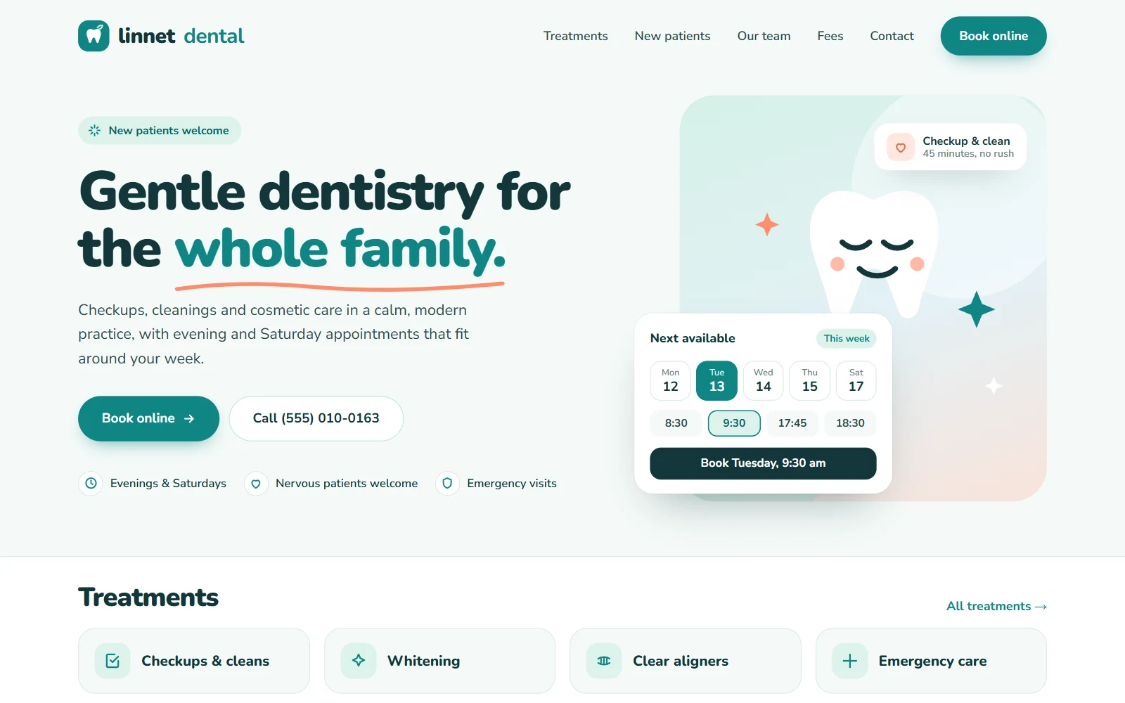 Homepage of the Linnet Dental website: a light teal and mint page with the headline “Gentle dentistry for the whole family.” and a booking card showing the next available times