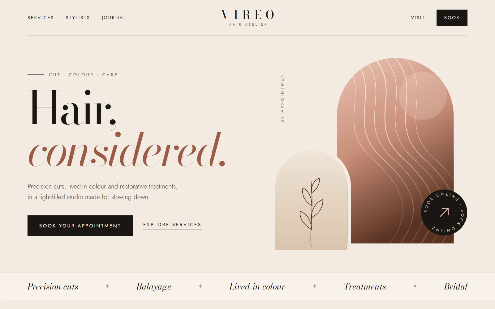 Homepage of the Vireo Hair Atelier website: a cream page with the serif headline “Hair, considered.”, a book button and soft blush-toned artwork